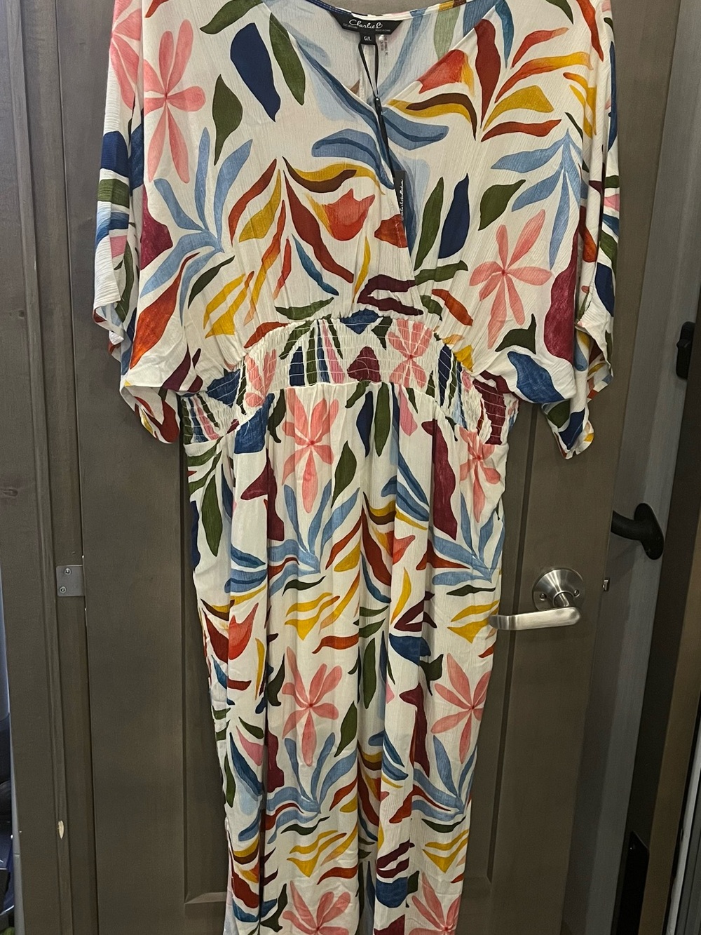 CHARLIE B Cream Maxi Dress with Multicolor Leaf & Floral Print